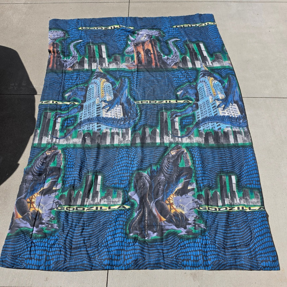 VINTAGE 1998 Godzilla Movie Promo Comforter Twin Full Blue Kaiju NYC 90s Bedding